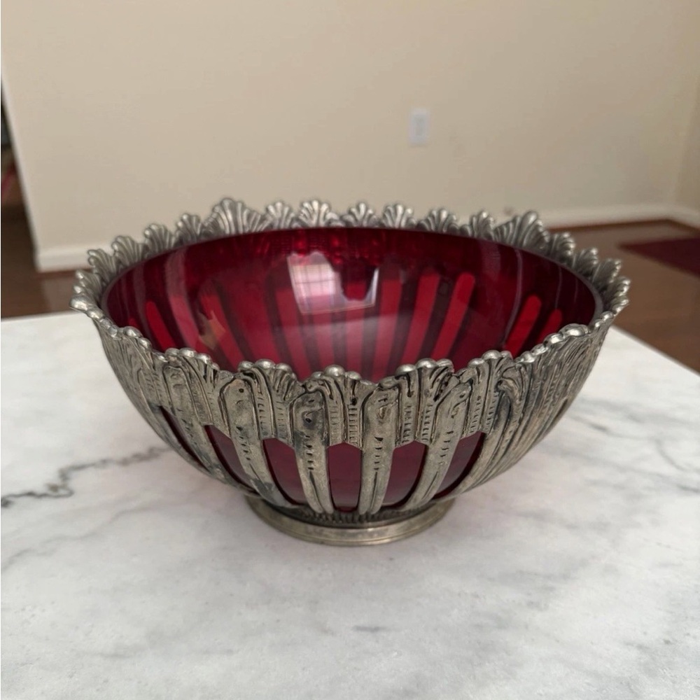 Godinger Red Glass Bowl with Ornate Silver-Tone Filigree